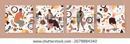 Happy creative and business people with abstract geometric shapes around. Modern creators set. Man and women designers create smth from chaos and geometry figures. Colored flat vector illustrations