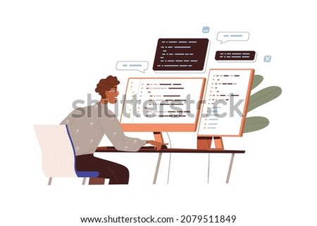 Software developer work with program code. Programmer and monitors with abstract computer language script. Backend development concept. Flat vector illustration of coder isolated on white background