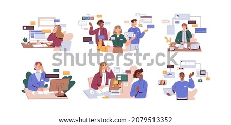 People during work calls, online consultations of support services and business communication in company. Operators in headsets talk with customers. Flat graphic vector illustrations isolated on white