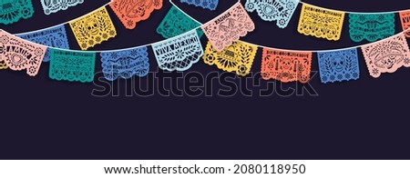 Dia de los Muertos background, means Day of Dead and Death in Mexico. Banner design with Mexican ornament, papel picado, perforated laces with skulls and bones. Colored flat vector illustration