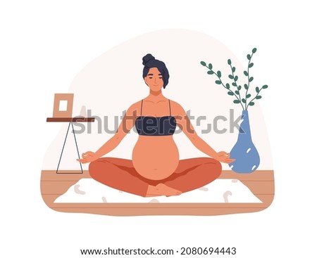 Pregnant woman meditating, sitting in yoga pose with legs crossed. Relaxing meditation exercise during pregnancy. Calm mother with belly in asana. Flat vector illustration isolated on white background
