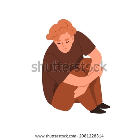 Sad lonely person in sorrow and despair. Unhappy depressed man in grief, sitting and hugging knees. Gloomy guy in bad mood with depression. Flat vector illustration isolated on white background