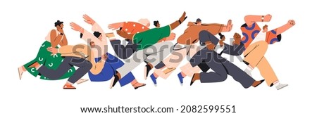 Crowd of happy people running fast. Group of excited men and women buyers hurrying and hunting for sales. Mad fans following and chasing for smb. Flat graphic vector illustration isolated on white Foto stock © 