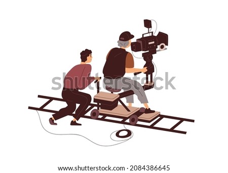 Cameraman and camera on sliders of tracking dolly system. Professional operator and assistant on rails with moving cart during movie shooting. Flat vector illustration isolated on white background