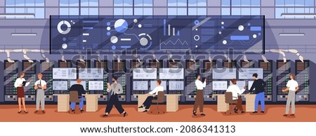 Big data control and analytics center. Information security engineers work with databases and cybersecurity at computers in datacenter. People and digital equipment. Colored flat vector illustration