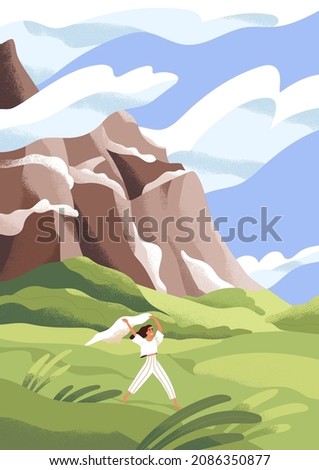 Happy relaxed person in peaceful nature alone. Free woman walking and running outdoors in summer wind, enjoying calm serene landscape with grass, mountain and sky with clouds. Flat vector illustration