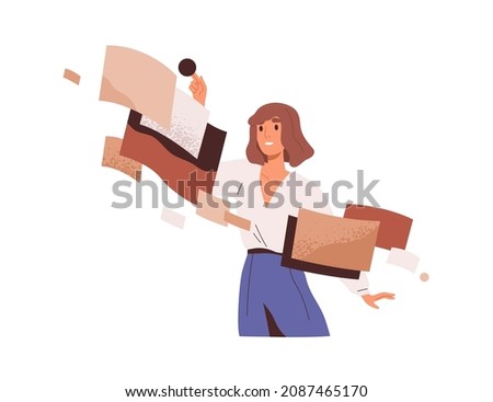 Employee during work process and abstract business data analysis. Person in workflow. Managing, sorting and analyzing digital information flow. Flat vector illustration isolated on white background