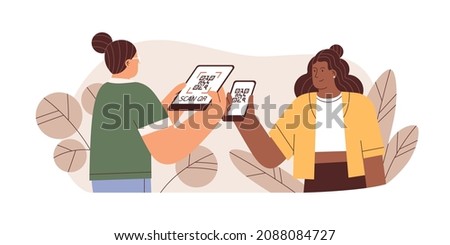Seller scanning QR code with mobile scanner for client id. Customer with phone getting discount and bonus for points with smartphone app in shop. Flat vector illustration isolated on white background