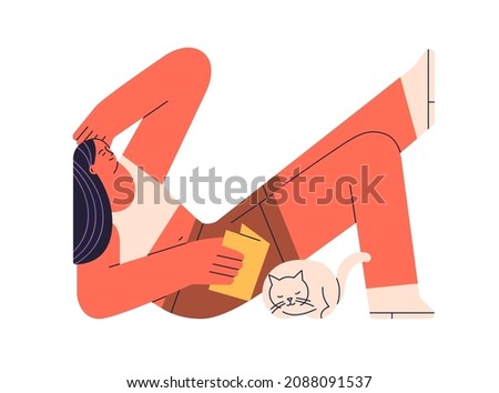 Woman relaxing and reading book. Happy person resting with cute sleeping cat at leisure time at home. Calm holidays and slow life concept. Flat vector illustration isolated on white background Foto stock © 