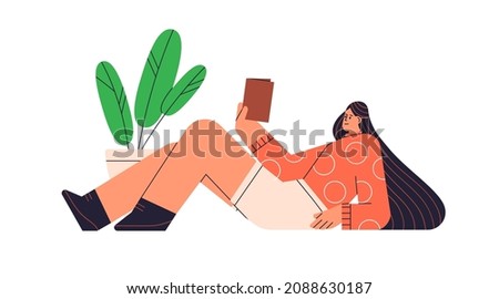 Woman reading book. Happy ebook user and reader relaxing and enjoying fiction literature at leisure. Female with digital gadget during relaxation. Flat vector illustration isolated on white background