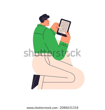 Happy ebook reader. Person with tablet PC in hands reading electronic book. Man relaxing and enjoying digital literature at leisure time. Flat vector illustration isolated on white background