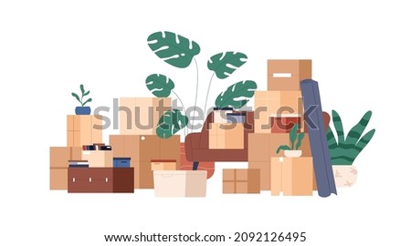 Carton boxes stack with stuff for relocation. Cardboard containers pile. Many packages, house plants for moving and relocating. Packed belongings. Flat vector illustration isolated on white background