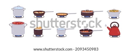 Cook pan, pot, saucepan with boiling, stewing and frying food on gas stove fire. Cooking dishes in stewpot, stockpot, casserole, kettle set. Flat vector illustrations isolated on white background