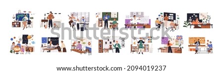 Different school teachers in classrooms set. Men and women at blackboards in class room, teaching lessons, Math, Chemistry, English, Arts and Craft. Flat graphic vector illustrations isolated on white