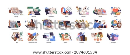 School subjects set. Sciences, music and art lessons. Geography, physics, history, math, astronomy, biology icons for students curriculum. Colored flat vector illustration isolated on white background