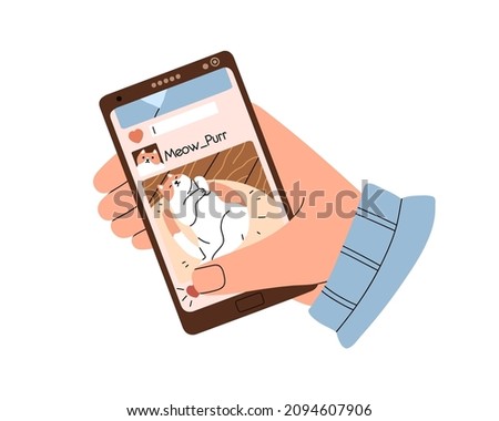 Hand holding mobile phone, scroll screen with cats photos in social media, networks. Person use smartphone, putting likes and commenting posts. Flat vector illustration isolated on white background