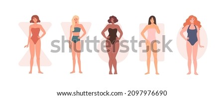 Different body shape types. Diverse women in underwear and bikini portraits with rectangle, inverted triangle, hourglass, pear and apple figures. Flat vector illustrations isolated on white background