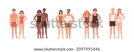 Couples in underwear. Diverse men and women with different body types, chubby, slim and thin shapes. Male and female characters portraits set. Flat vector illustrations isolated on white background