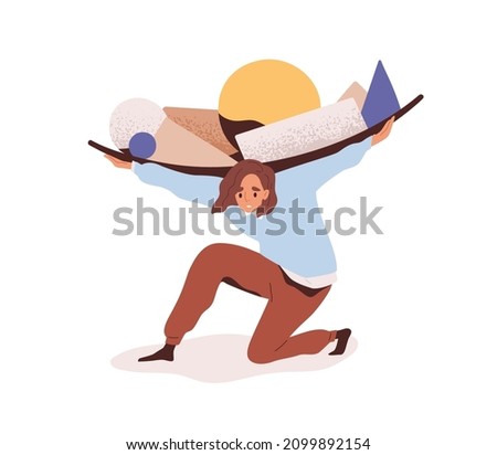 Person carry heavy burdens of life. Sad tired woman in stress, overloaded with problems. Pressure of difficulties and hardships concept. Flat graphic vector illustration isolated on white background