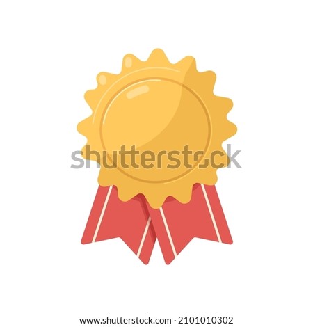 Gold badge award with ribbons. Golden rosette medal label. Premium emblem of best quality. Shiny metal reward symbol. Realistic flat vector illustration isolated on white background