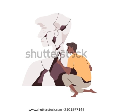 Mental recovery and rehabilitation, psychology concept. Person during restoration of broken self fragments, psychotherapy process. Mind health. Flat vector illustration isolated on white background