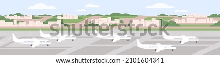 Airplanes stand in airport. Parked air planes at paved handstand. Aerodrome parking with passenger aircrafts, panoramic landscape. Airliners on runway, panorama. Flat vector illustration