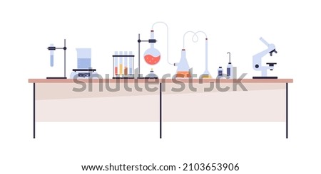 Lab chemical research with beaker, glass tube, microscope. Glassware, laboratory equipment on table for science experiment. Chemistry class desk. Flat vector illustration isolated on white background