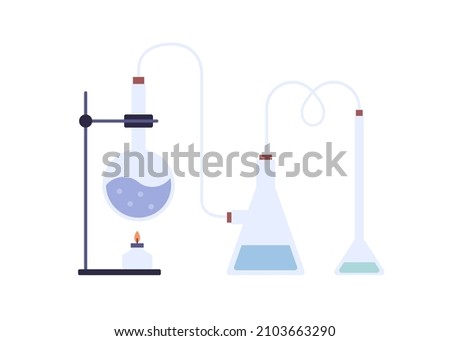 Chemical lab equipment. Glass flask, beaker, tube, holder and burner for heating liquid. Laboratory glassware for science experiment and test. Flat vector illustration isolated on white background