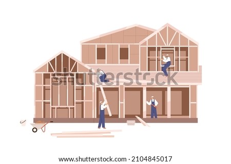 Wood house construction and renovation process. Workers contractors building home. Builders team work, constructing rural dwelling from planks. Flat vector illustration isolated on white background