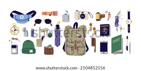 Everyday carry stuff for travel. Tourist bag and accessories set. Backpack content, essentials, things, supplies and equipment. Flat graphic vector illustration of EDC isolated on white background