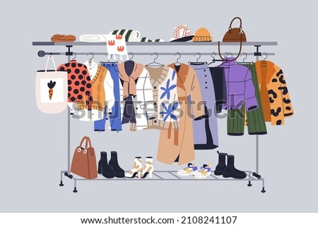 Women capsule wardrobe on racks. Fashion clothes on hanger rail. Autumn, winter apparels, shoes and accessories. Modern casual female garments collection hanging. Colored flat vector illustration