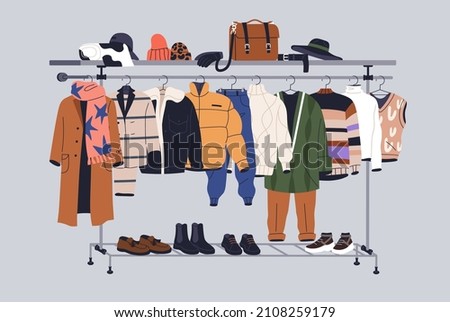 Male capsule wardrobe on racks. Men fashion clothes and accessories on hanger rail. Fall, winter garments, footwear and bags. Modern casual apparel collection. Colored flat vector illustration