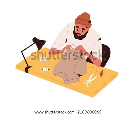 Tailor sewing with hands and needle. Man sewer mending, repairing clothes. Worker sew bespoke handmade garment. Flat vector illustration of DIY and handicraft process isolated on white background Stock foto © 
