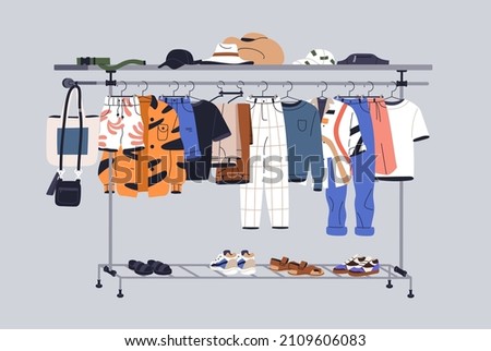 Men capsule wardrobe with summer casual clothes on hangers, racks and shelves. Male fashion garments, footwear and accessories on rail. Modern trendy apparel display. Colored flat vector illustration Foto stock © 
