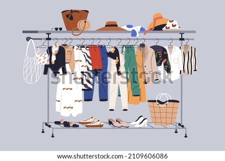 Summer capsule wardrobe with women casual clothes on hanger rail. Fashion garments, shoes and accessories on rack and shelf. Modern fashionable apparel collection. Colored flat vector illustration