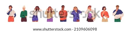 Confused men and women in doubts and thoughts. Puzzled pensive people worry and think with serious thoughtful expression. Uncertain characters. Flat vector illustrations isolated on white background