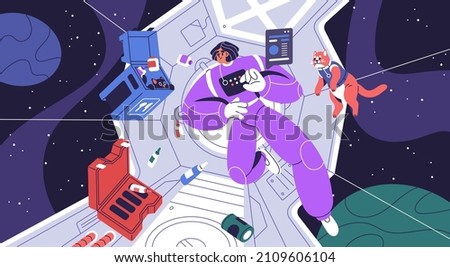 Astronaut and cats during cosmos flight. Cosmonaut and animals fly inside spaceship cabin. Weightless person and kitty at space travel, tourism. Zero gravity concept. Colorful flat vector illustration
