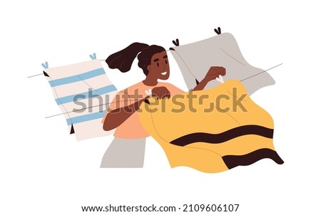 Woman hanging wet fresh laundry on ropes with clothespin to dry on air and wind. Black person and clothes, linen on clotheslines outdoors. Flat vector illustration isolated on white background