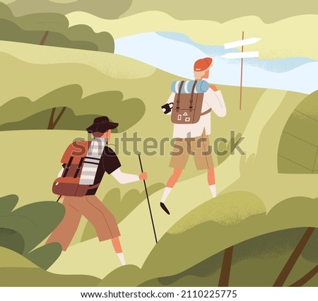 Man hikers with backpacks trekking. Backpackers hiking, walking during adventure in nature. Journey on summer holidays. Friends travel on foot. Tourists outdoors on vacation. Flat vector illustration