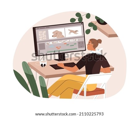 Motion graphic designer work at computer, creating animation design. Digital creator working at desktop screen. Video editor woman at PC desk. Flat vector illustration isolated on white background