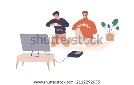 Happy father and son playing video game at home. Dad and teenager gamers with consoles. Parent and teen boy at TV at leisure time together. Flat vector illustration isolated on white background