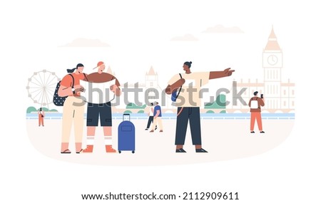 Tourists couple go sightseeing with map, ask local person for direction and help in London. Man and woman travel and visit landmarks in tour. Flat vector illustration isolated on white background