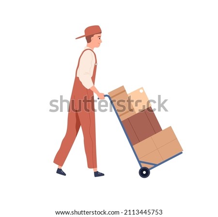 Man carrying heavy goods in cardboard boxes on dolly. Carrier with cargo on delivery trolley. Loader, warehouse worker going with cartons on cart. Flat vector illustration isolated on white background