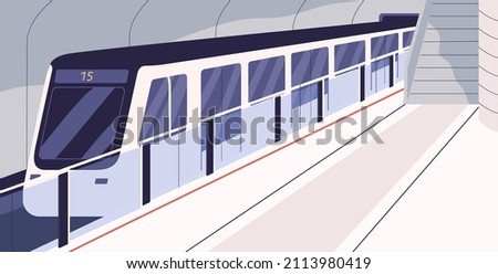 Subway train at metro station. Empty underground platform with public railway transport, glass barriers and closed cars. City metropolitan. Urban tube transportation. Flat vector illustration