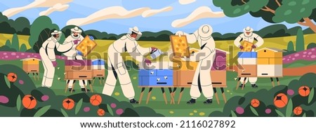 Beekeepers at apiary, work with hives and honey bees. Apiarists at farm with beehives and flower garden panorama. Apiculture workers in suits in summer. People and beekeeping. Flat vector illustration