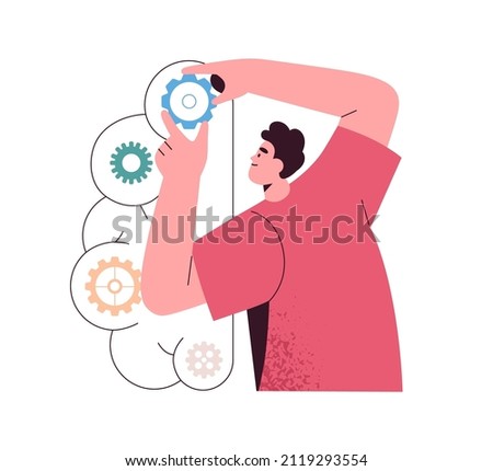 Person fixing gears, changing settings of complex business system. Analysis, logic thinking concept. Analyst with cogwheels, configuration setup. Flat vector illustration isolated on white background