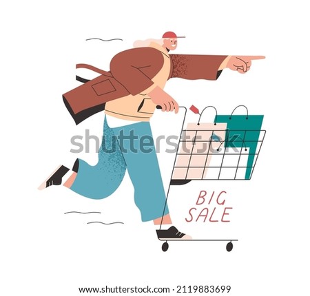 Buyer with shopping cart and bags, rushing for big sale. Happy shopper with purchases in trolley. Customer running, pointing with forefinger. Flat vector illustration isolated on white background