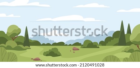 Countryside landscape with green grass, trees, sky horizon and clouds. Rural summer scenery with grassland, panoramic view. Calm nature panorama. Country environment. Flat vector illustration
