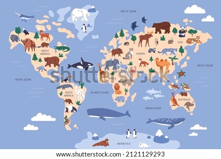 World map with animals in water and on earth. Geography and fauna of planet. Wildlife, nature for kids.Continents, oceans, mammals and fishes for preschool children. Colored flat vector illustration.