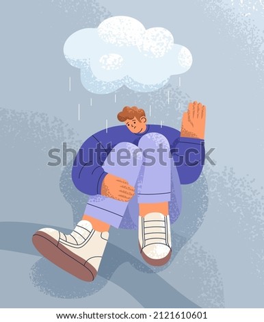 depressed person in grief under rain cloud. Unhappy sad man in bad mood. Depression, melancholy, pessimism concept. Lonely human in despair, suffering from mental problem. Flat vector illustration. ストックフォト © 